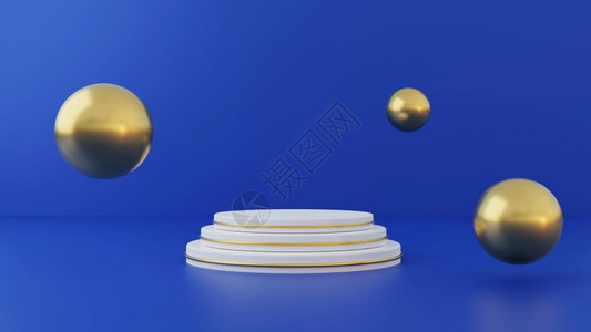 白色的金蓝背景上白产品支架抽象最小几何概念工作室讲台平主题展览和商业营销演示阶段3D插图渲染形设计场景图片