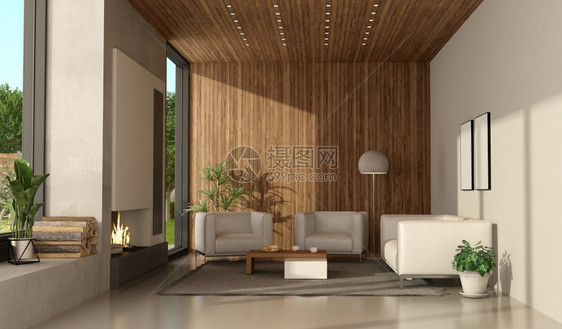 一座现代别墅中装有壁炉和白色家具的最小客厅3D为一座配备壁炉的现代别墅提供最小型客厅装饰风格当代的人们图片