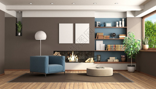 软垫现代客厅有壁炉棕墙和蓝臂椅3D为现代客厅有壁炉柴空的图片
