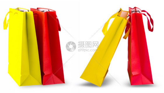 商业白色背景孤立的黄和红购物袋处理撕裂图片