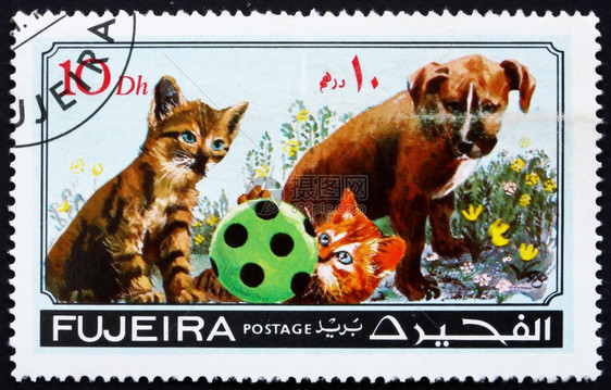 亚洲FUJEIRA大约197年印在Fujeira上的邮票显示狗和猫宠物大约年哺乳动物邮政图片