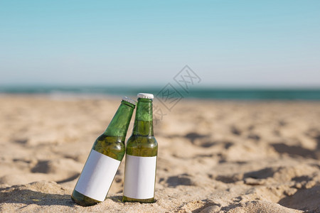 晴天两瓶啤酒沙滩老的海图片