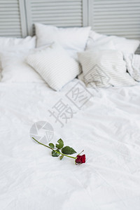 情人节红色玫瑰床带白色亚麻布放松懒惰的图片