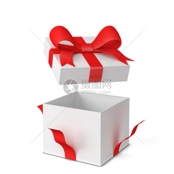假期带彩色弓和3张礼带的开放品盒白色背景上孤立空白的生日图片