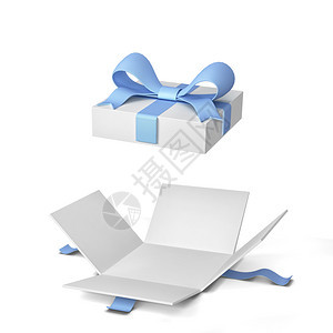 白色的丝带季节彩色弓和3张礼带的开放品盒白色背景上孤立图片