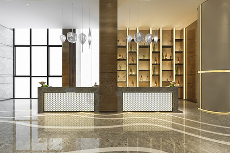 奢华3d提供豪酒店接待厅和带有装饰架子的办公室大堂质地图片