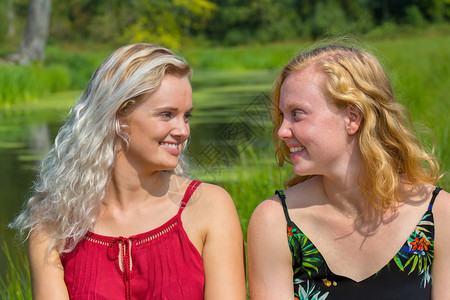 人们笑尊重两个年轻的荷兰姐妹以绿色的天互相看着对方图片