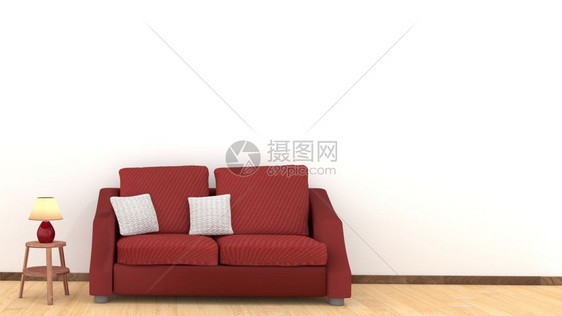 墙红色的靠垫现代室内客厅设计木地板上有红色沙发白坐椅和木桌灯的白色窗垫和木桌灯具元素家与生活概念3D式主题插图图片
