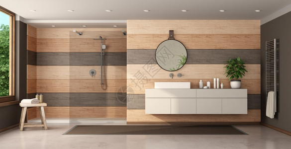 托盘带木镶板淋浴和洗脸盆的现代浴室3d渲染带淋浴和洗脸盆的现代木制浴室白色的具体图片