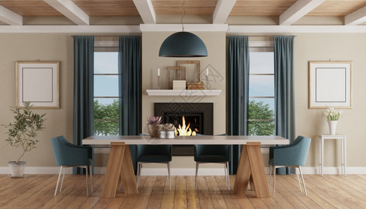 白色的墙现代餐桌椅位于一个有壁炉和的寒密住宅内地3D制成现代餐桌3D制成带有壁炉的经典家庭内地空白的背景图片