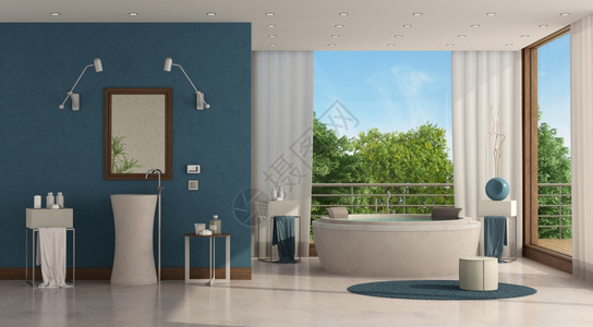 木头空白的一个现代别墅豪华浴室有圆缸和洗盆3D配有圆浴缸和洗盆的豪华室脸图片