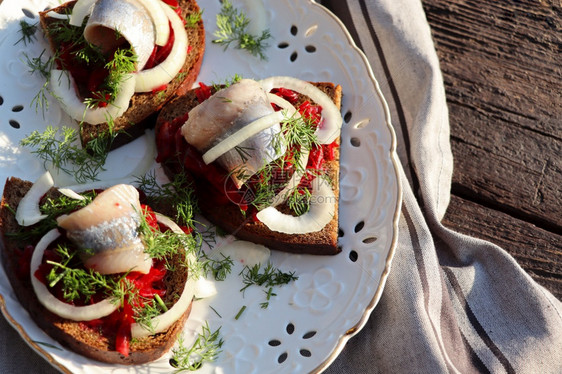斯堪的纳维亚美食三文治配有切片的咸菜大西洋鱼片甜菜根沙拉洋葱和微绿色健康食物横幅图片