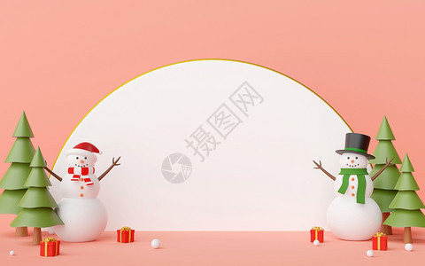 圣诞快乐和新年雪人场景和圣诞礼物蓝色背景的白空位3D投影插图假期形象的图片