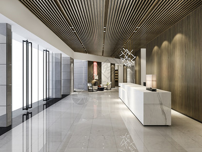 自在内部的地面3d提供豪华酒店接待厅和配有现代柜台的木类亚洲风格办公室图片