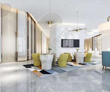 房间阳台画廊3d提供豪华酒店接待厅和办公室配备现代最低柜台图片
