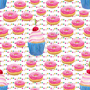 可爱的水彩糖果无缝图案纸杯蛋糕和甜圈生日背景与五彩纸屑包装质地图片