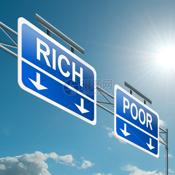 贫困描述带有富或穷概念的高速公路通道标志的插图蓝天背景BlueSsky背景描绘现金图片