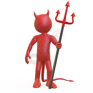 怪物恶魔般的以红色和黑三叉戟装扮的魔鬼高清晰度在白色背景上与分散的阴影相伴图片