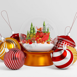 新的圣诞舞会3D插图在圣诞球的雪橇上装礼物袋使成为饰品图片