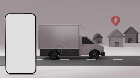 白色屏幕移动电话模型的卡车在灰色背景订单上安装了白色屏幕移动电话模型在线跟踪3D翻转运输灰色的图片