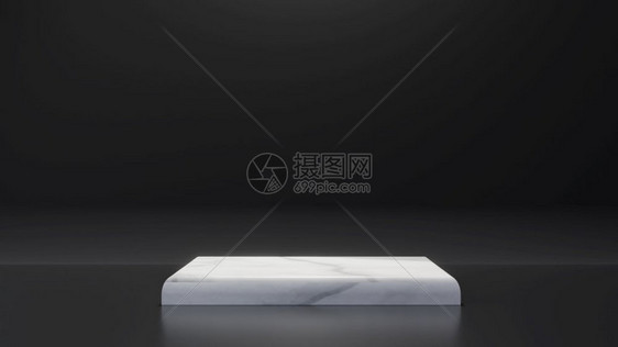 黑色背景上的白大理石产品矩形表台摘要最低限度几何概念工作室讲台平展览和商业演示阶段3D插图使形化以解房间渲染几何学图片