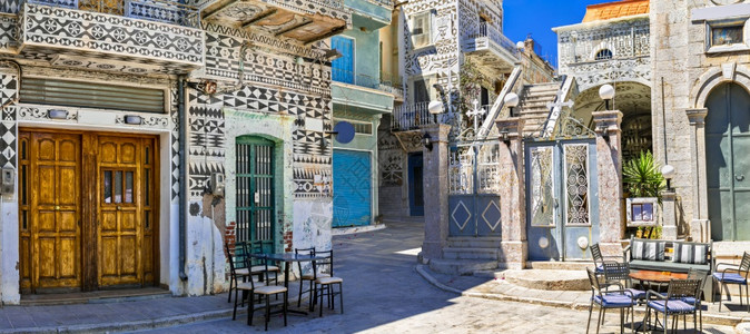 结石希腊传统村庄Chios岛独特的美丽Pyrgi称为油漆村装饰旅游图片