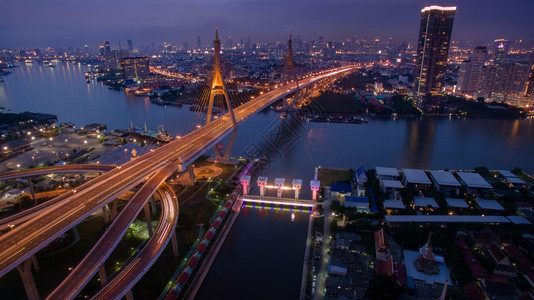 Bangkokthailand的bhumibol桥美丽的空中风景土地宽的城市观图片