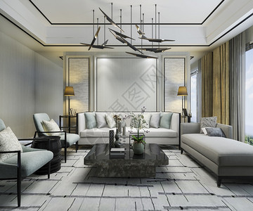 3D在客厅内用沙发和吊灯制造奢华豪的经典墙壁住宅屋翻新图片