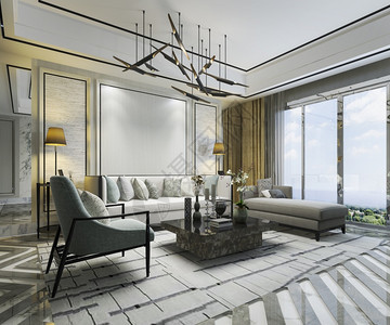 经典的3D在客厅内用沙发和吊灯制造奢华豪的经典墙壁家住宅图片