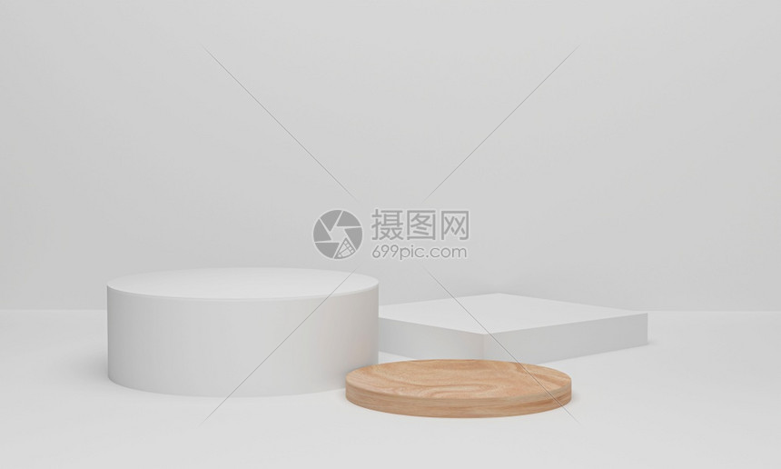 木头圆板讲台上最低限度的白色墙壁场景圆柱式讲台平用于化妆品展示3d目的插图图片