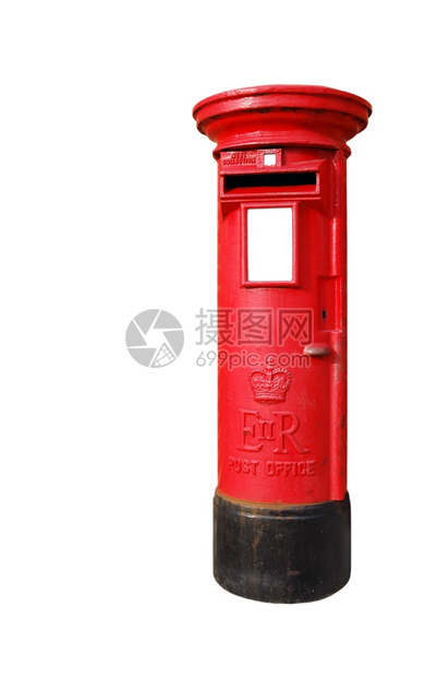支柱伟大的白色背景上孤立的典型红色英国式信箱白的图片