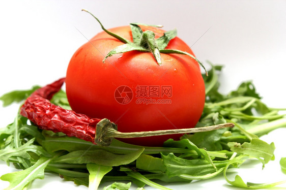 芝麻菜床上的番茄旁边是红辣椒色的胡香料图片