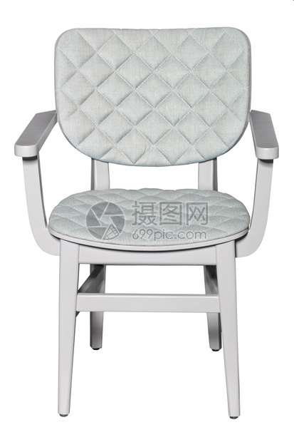 学习简单的传统白色木制椅子有被缝的织布软轻光座位装饰和舒适的辅助用扶手从前门拍下来在白色背景上与隔离白色木制椅子有被缝的织物装饰图片