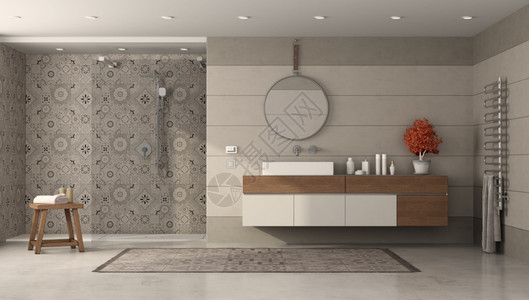 复古的木制人们现代洗手间用水槽和淋浴复式瓷砖3D制成现代洗手间用淋浴和脸盆图片