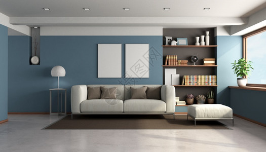 挑空客厅蓝色客厅有现代沙发和背景书架3D为蓝色客厅配有现代家具白色的灯当代设计图片