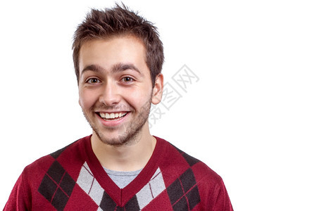 白种人快乐的年轻男笑着被孤立在白色背景上跳线学生图片