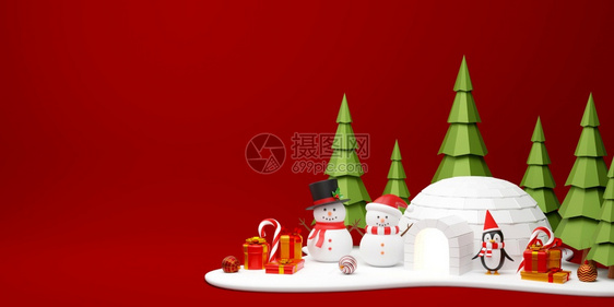 派对3d树林中雪人和企鹅的圣诞横幅宣传册海报图片