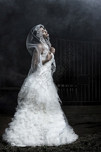裙子穿着深黑背景的结婚礼服美丽新娘肖像一种感的图片