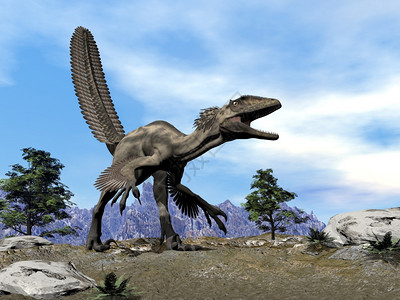 史前可怕的恐爪龙白天咆哮3D渲染恐爪龙抬头咆哮3D渲染月亮图片