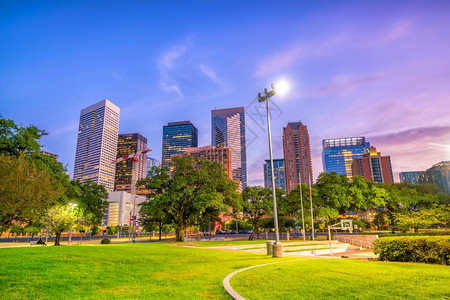 夜晚城市的美国得克萨斯州下城休顿天线风景优美图片