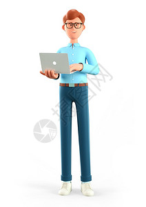 沟通3D脱身于白背景通信办公室工作场所概念的三维插图持着膝上型Cute漫画笑脸商人全程使用计算机的快乐男子站立式手积极的图片
