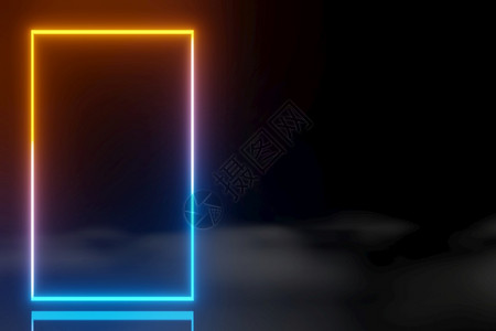 展示框架迷幻的抽象技术LED屏幕蓝色橙发光霓虹灯线动画雾背景3D渲染抽象技术图片