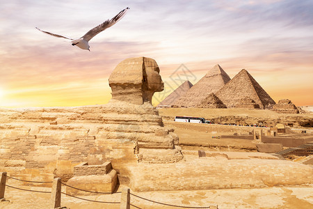 雕塑建筑学吉萨大狮身人面像和背景中的金字塔埃及吉萨大狮身人面像和背景中的金字塔埃及景观图片
