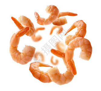 橙圆圈煮熟的虾漂浮在白色背景上煮熟的虾漂浮在白色背景上熟食图片
