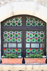 结石法国中世纪Perouges村的多彩窗口传统旅游图片
