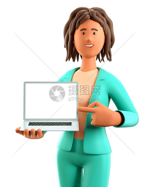 手指广告3D插图微笑着的美籍非洲妇女手持笔记本电脑并展示空白屏幕关闭卡通女商人的肖像将她指向空显示器在白色上孤立卡通片图片