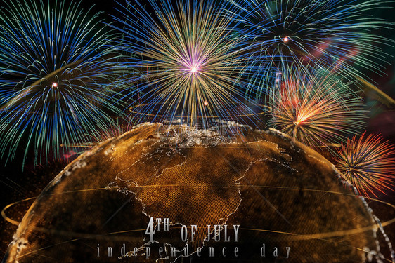 假期独立日四月地球粒子背景摘要部分的多彩烟火庆典上发来的新文本周年纪念日宇宙图片
