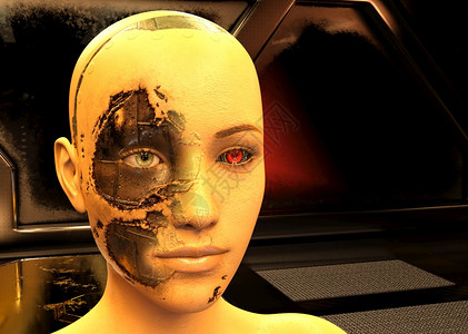 未来黑暗房间里的Cyborg妇女3D使Cyborg女人变成形科学嘴唇类图片