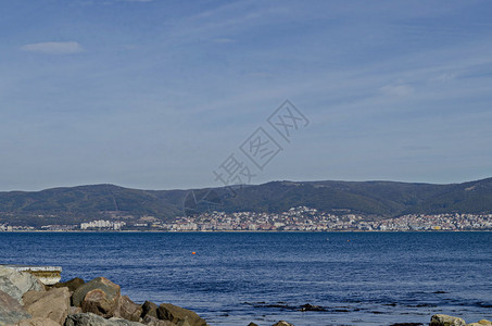 黑海岸度假村的景靠近内塞巴尔圣弗拉斯埃伦尼特和巴尔干山保加利亚欧洲镇蓝色的放大镜自然图片