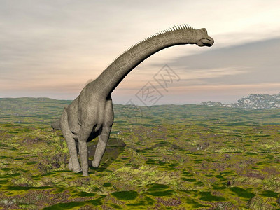 古老的一只恐龙在草原上行走由阴云的日落和三维化成3D爪子景观图片
